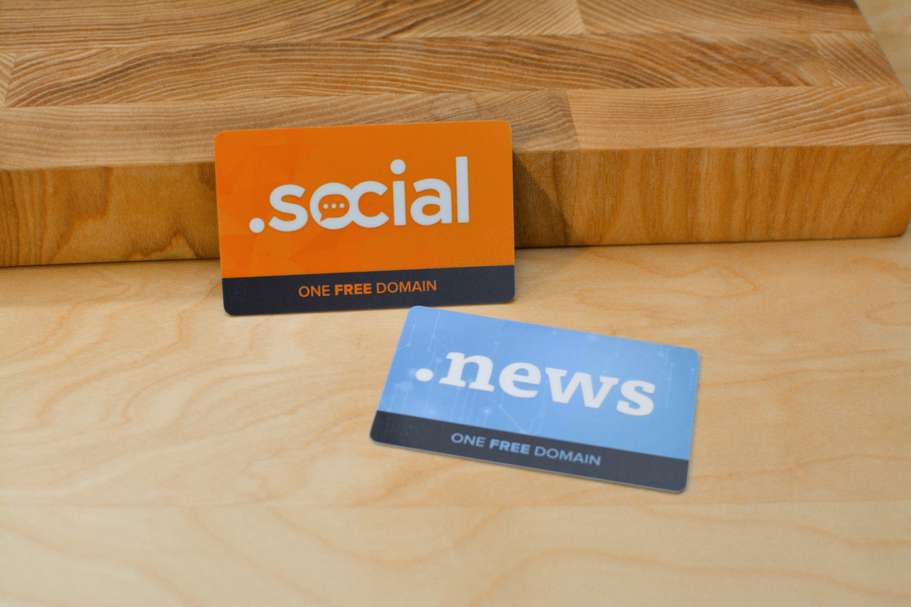Two cards that feature the text '.news' and '.social' to promote new domain extensions for sale